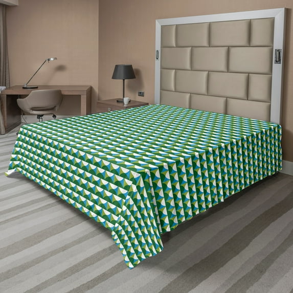 Ambesonne Abstract Flat Sheet, Repeated Geometric Motifs, King Size, Emerald Blue and Apple Green