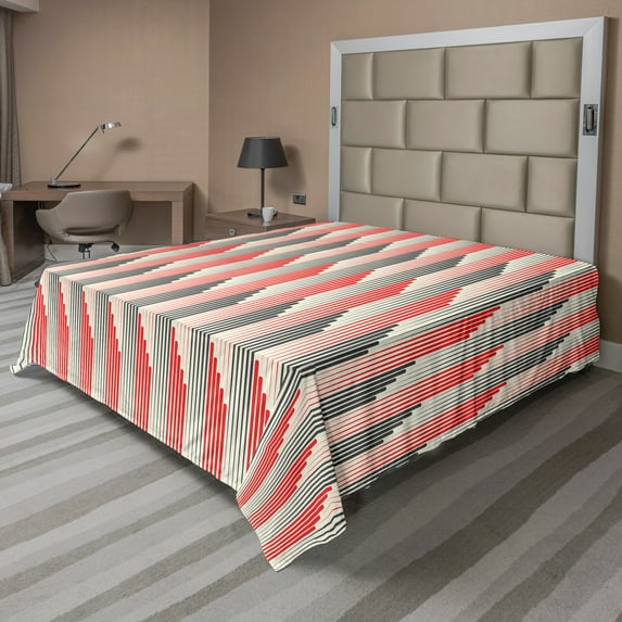 Ambesonne Abstract Flat Sheet, Retro Bicolor Striped, Full Size, Grey and Scarlet