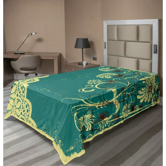 Ambesonne Abstract Flat Sheet, Retro Flora Lace Frame, Twin Size, White and Jade Green