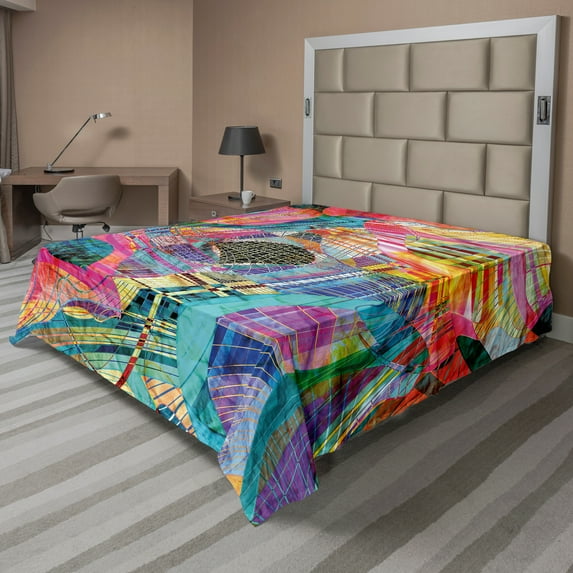 Ambesonne Abstract Flat Sheet, Retro Graphic, King Size, Multicolor