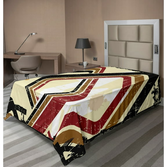 Ambesonne Abstract Flat Sheet, Retro Trippy Form Ruby, TwinXL Size, Pale Yellow Caramel