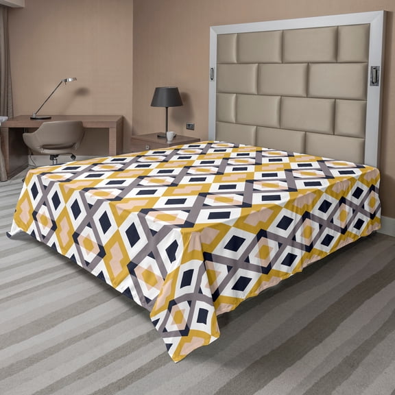 Ambesonne Abstract Flat Sheet, Rhombuses Infinity, Full Size, Earth Yellow Taupe Grey