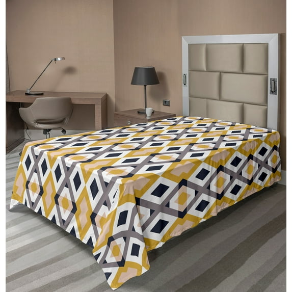 Ambesonne Abstract Flat Sheet, Rhombuses Infinity, Twin Size, Earth Yellow Taupe Grey