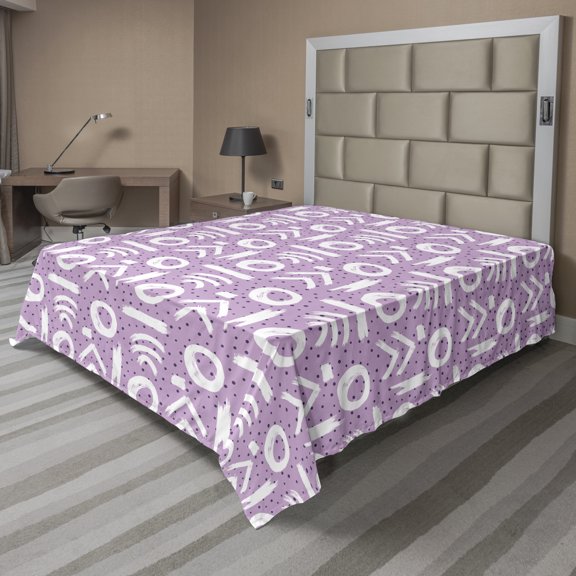 Ambesonne Abstract Flat Sheet, Rhythmic Scribble Motifs, King Size, Lilac Quartz and White