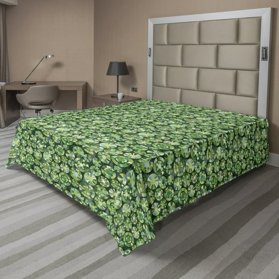 Ambesonne Abstract Flat Sheet, Rings Stripes and Circles, Queen Size, Fern Green Hunter Green