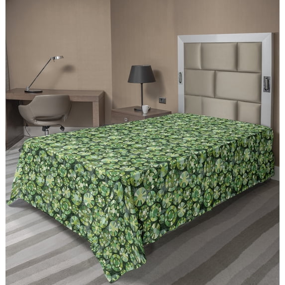 Ambesonne Abstract Flat Sheet, Rings Stripes and Circles, Twin Size, Fern Green Hunter Green