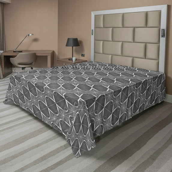 Ambesonne Abstract Flat Sheet, Round Geometric Streaks, King Size, Charcoal Grey White