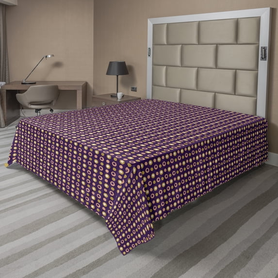 Ambesonne Abstract Flat Sheet, Round Retro Style Elements, California King, Plum Salmon