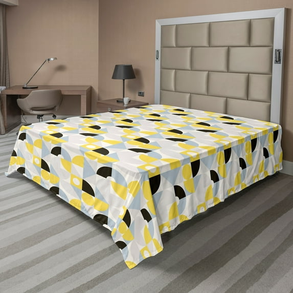 Ambesonne Abstract Flat Sheet, Simple Geometric Symbols, Full Size, Mustard and Charcoal Grey