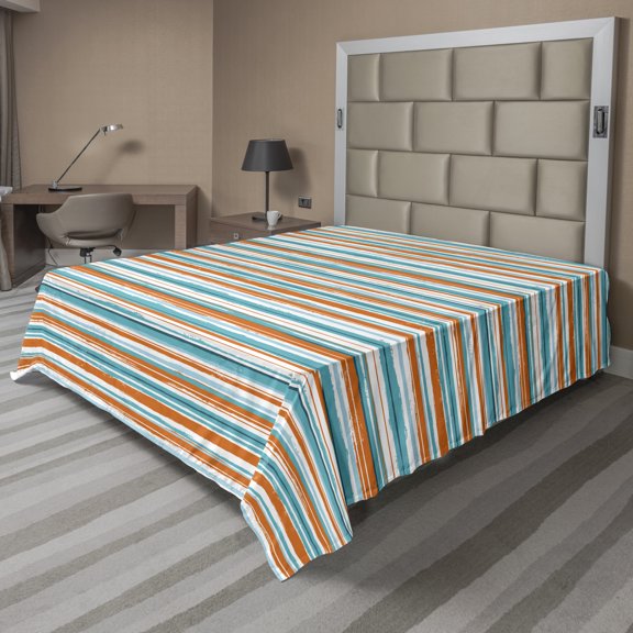 Ambesonne Abstract Flat Sheet, Sketch Style Stripes Motif, King Size, White Dark Seafoam and Vermilion