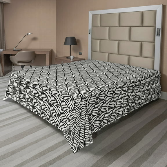 Ambesonne Abstract Flat Sheet, Slanted Leaf Like, Queen Size, Dark Grey White