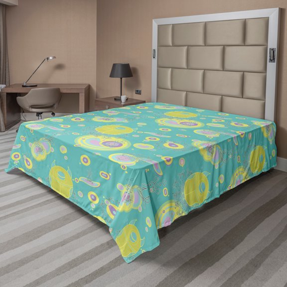 Ambesonne Abstract Flat Sheet, Sleeping Owls and Mouses, King Size, Sky Blue Avocado Green and Lavender