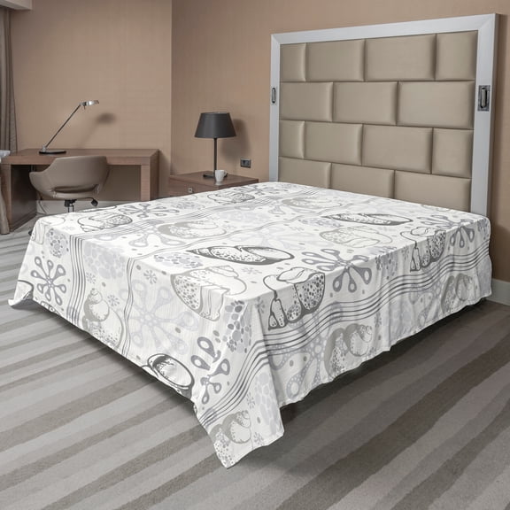 Ambesonne Abstract Flat Sheet, Snail Marine Symbols Art, California King, White Pale Almond Green