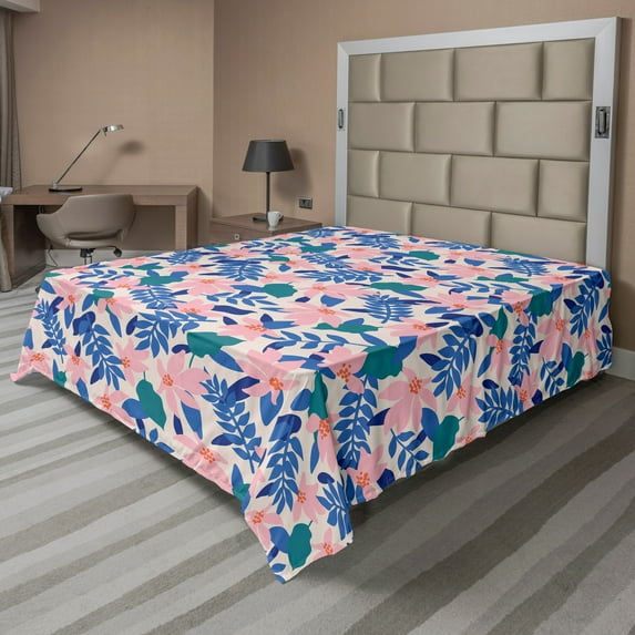 Ambesonne Abstract Flat Sheet, Soft Exotic Flower Leaves, Queen Size, Pale Rose Multicolor