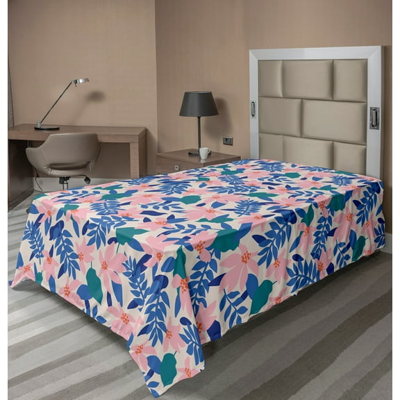 Ambesonne Abstract Flat Sheet, Soft Exotic Flower Leaves, TwinXL Size, Pale Rose Multicolor