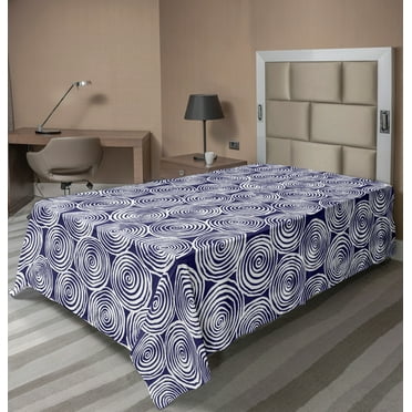 Ambesonne Abstract Flat Sheet, Spirals Vortex Graphic, TwinXL Size, Indigo and White