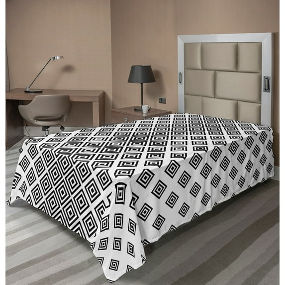 Ambesonne Abstract Flat Sheet, Square Shape Geometric, Twin Size, Black White