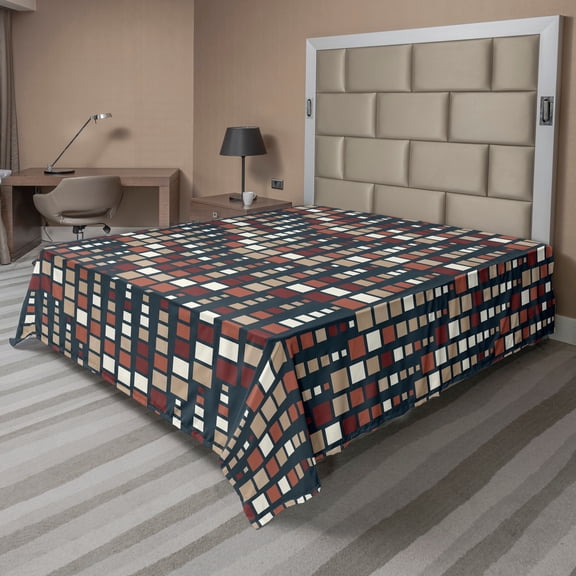 Ambesonne Abstract Flat Sheet, Squares Arranged Wavy Flow, King Size, Dark Blue Rust Tan