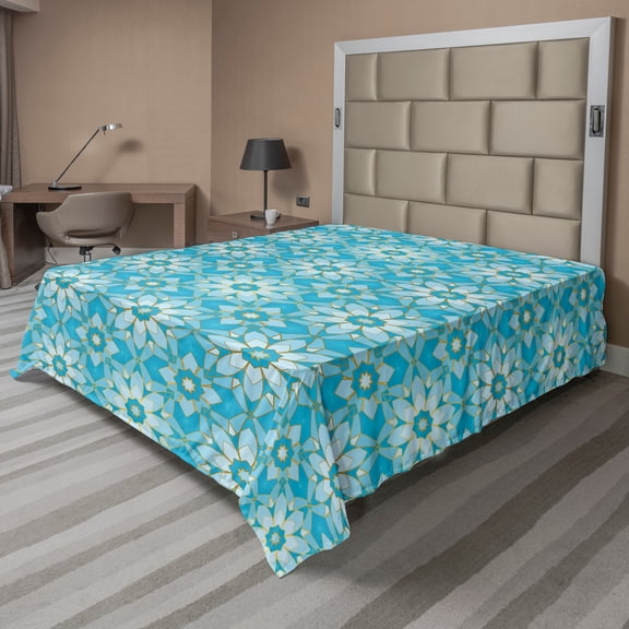 Ambesonne Abstract Flat Sheet, Star Like Art Deco Motifs, Queen Size, Sky Blue Blue