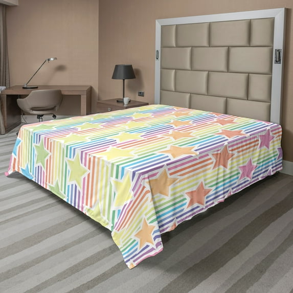 Ambesonne Abstract Flat Sheet, Star Rainbow Stripes, Full Size, Yellow Blue