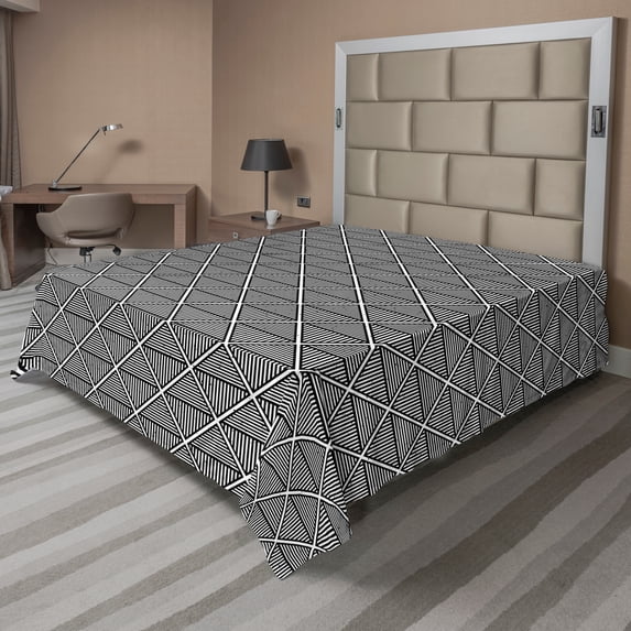 Ambesonne Abstract Flat Sheet, Striped Diamond Shapes, King Size, Charcoal Grey and White