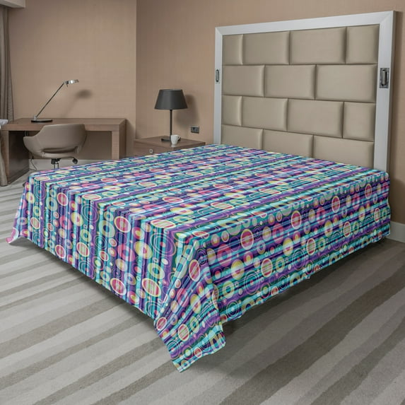 Ambesonne Abstract Flat Sheet, Stripes Circles Party, Queen Size, Multicolor