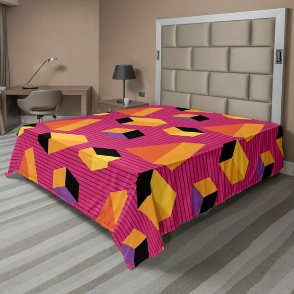 Ambesonne Abstract Flat Sheet, Summer Tone 80's Geometric, Queen Size, Orange and Fuchsia