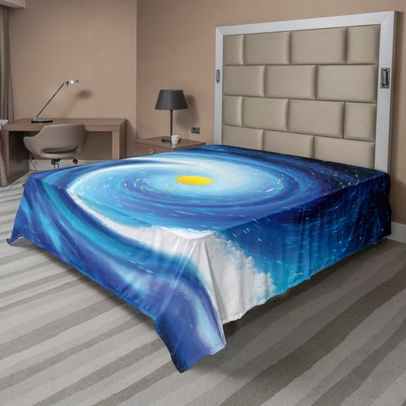 Ambesonne Abstract Flat Sheet, Surfer Wavy Sun, King Size, Blue White and Yellow