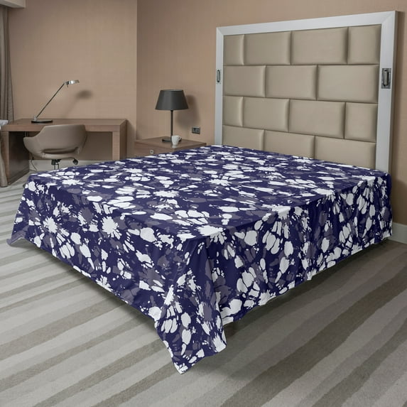 Ambesonne Abstract Flat Sheet, Tie-Dye Shibori Sunburst, Full Size, Indigo and White