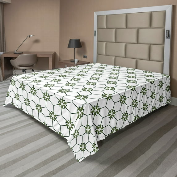 Ambesonne Abstract Flat Sheet, Traditional Oriental Art, Full Size, White Olive Green