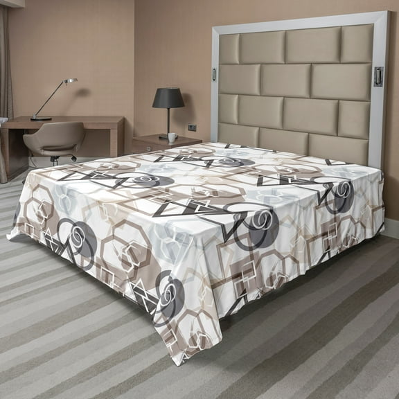 Ambesonne Abstract Flat Sheet, Triangles Squares Plygons, King Size, Grey Black Cocoa
