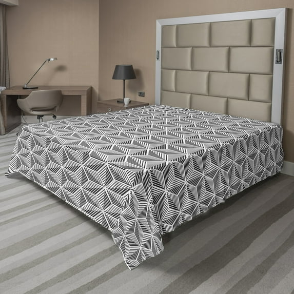 Ambesonne Abstract Flat Sheet, Triangular Shapes Stripes, Queen Size, Dark Grey and White
