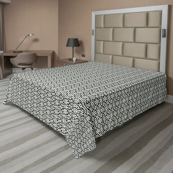 Ambesonne Abstract Flat Sheet, Tribal Geometric Elements, Queen Size, Charcoal Grey and White