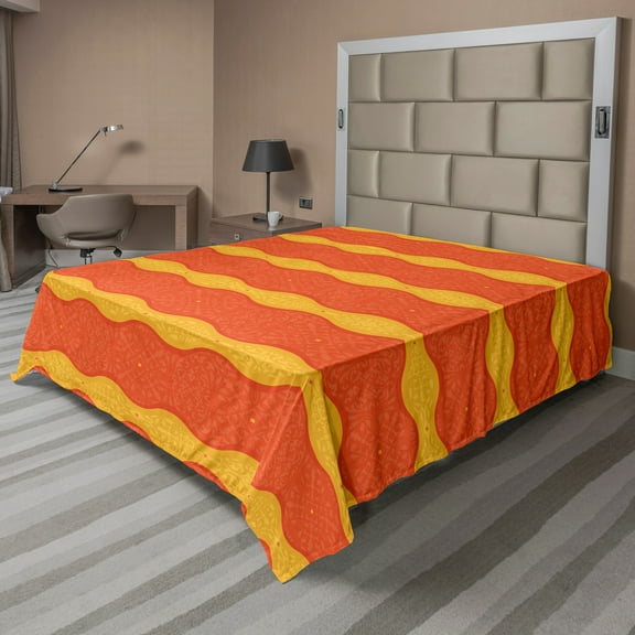 Ambesonne Abstract Flat Sheet, Victorian Ornaments Art, Queen Size, Vermilion Earth Yellow