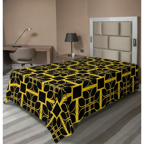 Ambesonne Abstract Flat Sheet, Vintage Art Deco Style, TwinXL Size, Mustard Charcoal Grey