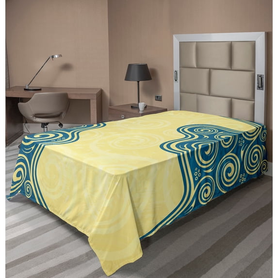 Ambesonne Abstract Flat Sheet, Vintage Floral Spiral, TwinXL Size, Yellow Blue