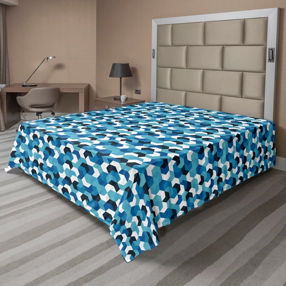 Ambesonne Abstract Flat Sheet, Vintage Mid Century Modern, California King, Seafoam Blue and White