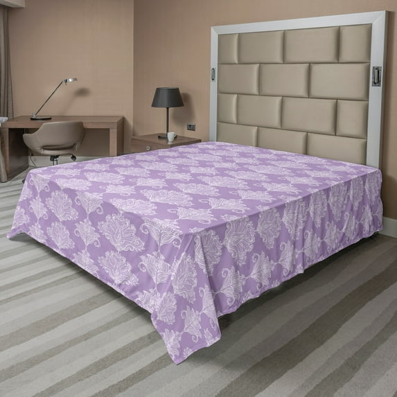 Ambesonne Abstract Flat Sheet, Vintage Paisley Inspired, California King, Pale Lilac and White