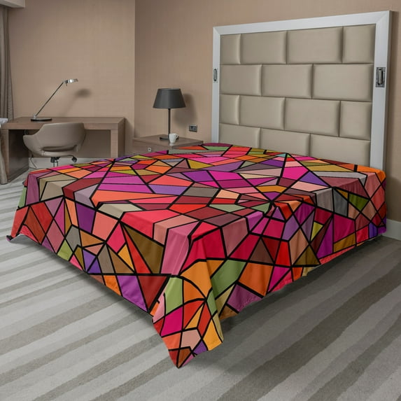 Ambesonne Abstract Flat Sheet, Vitray Mosaic Triangle, California King, Multicolor
