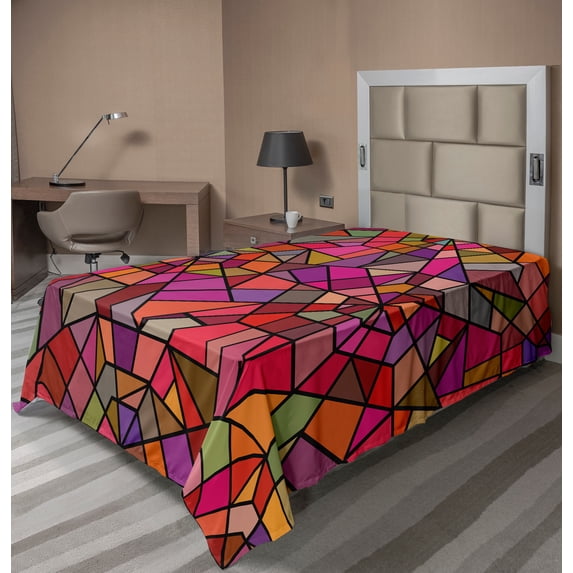 Ambesonne Abstract Flat Sheet, Vitray Mosaic Triangle, Twin Size, Multicolor