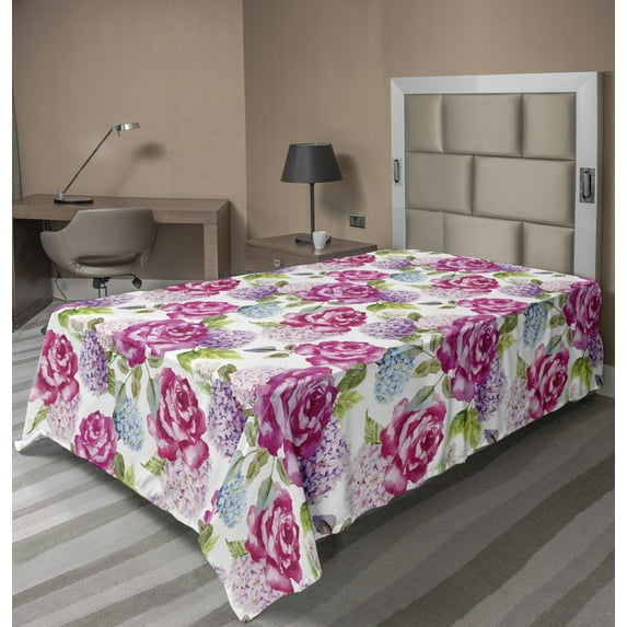 Ambesonne Abstract Flat Sheet, Watercolor Lavenders, TwinXL Size, Pale Green Hot Pink