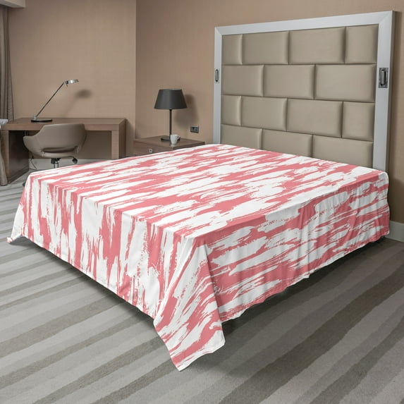 Ambesonne Abstract Flat Sheet, Watercolor Paint Smear, Queen Size, Coral White