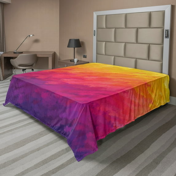 Ambesonne Abstract Flat Sheet, Watercolor Style Ombre, Queen Size, Purple Orange and Yellow
