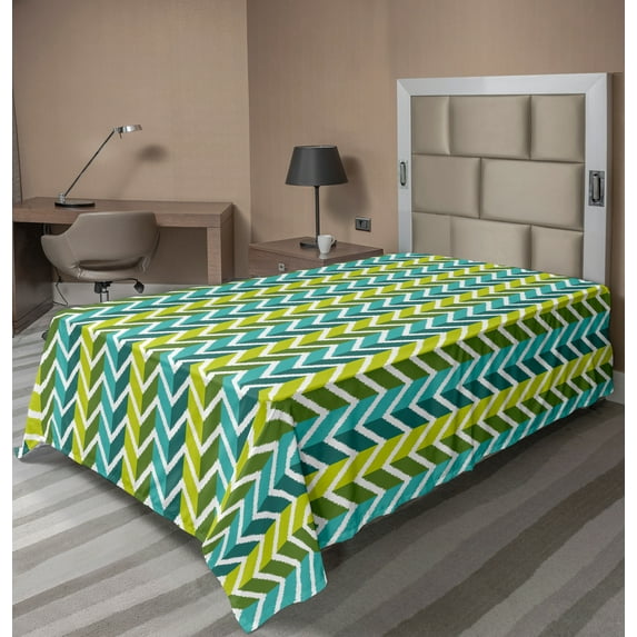 Ambesonne Abstract Flat Sheet, Wavy Herringbone Pattern, Twin Size, Fern Green and Yellow Green
