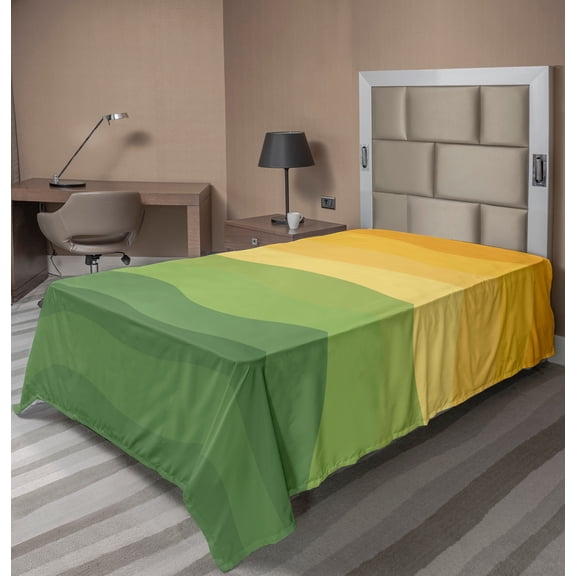 Ambesonne Abstract Flat Sheet, Wavy Lines Waves Earth, TwinXL Size, Reseda Green Mustard