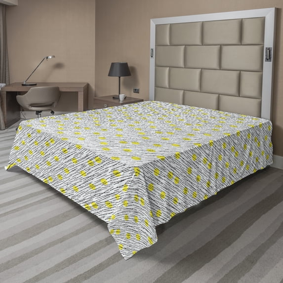 Ambesonne Abstract Flat Sheet, Yellow Sketchy Polka Dots, Full Size, Yellow Pearl Black