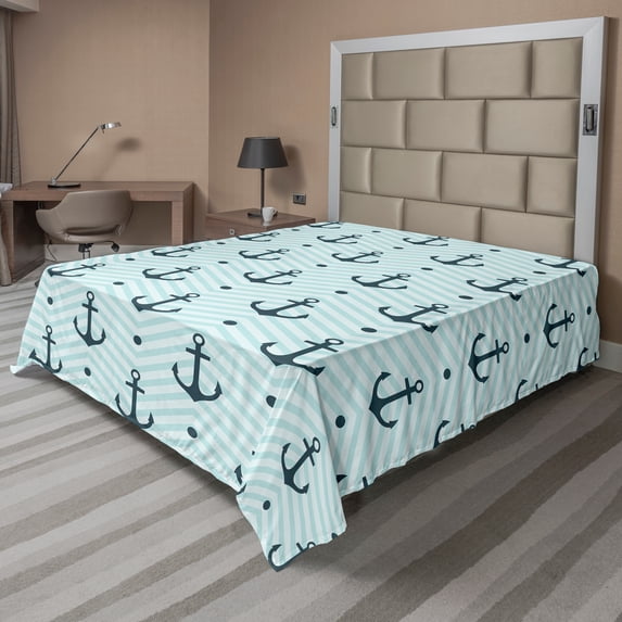 Ambesonne Abstract Flat Sheet, Zigzag Chevron Anchors, Queen Size, Dark Green Turquoise