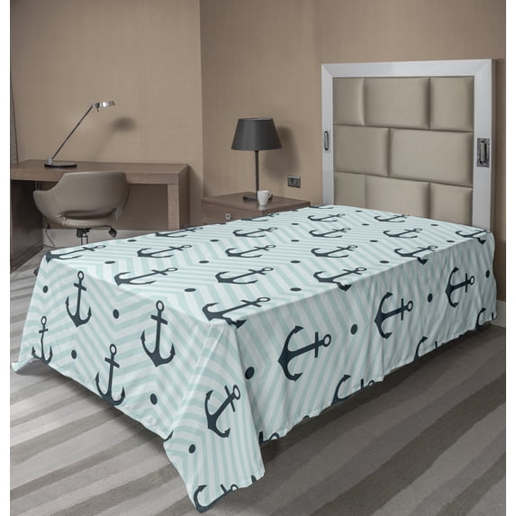 Ambesonne Abstract Flat Sheet, Zigzag Chevron Anchors, Twin Size, Dark Green Turquoise