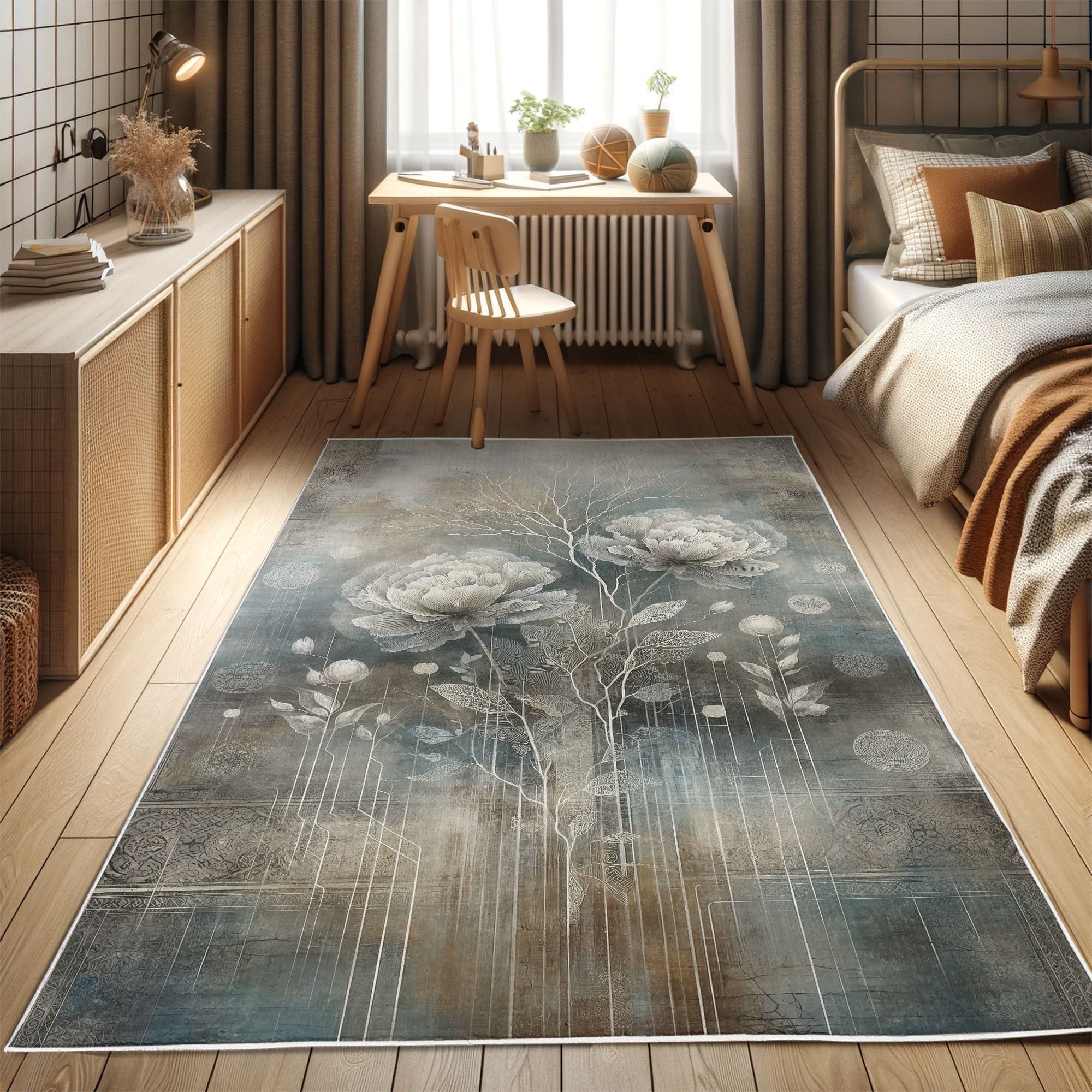 Blue and Gray Abstract Floral Synthetic Area Rug
