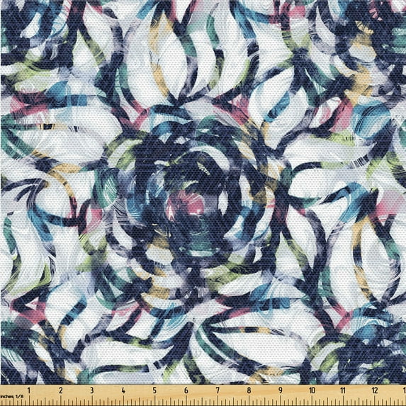 Ambesonne Abstract Floral Fabric by the Yard Upholstery, Blooming Fun Blooms, 3 Yards, Indigo and Multicolor